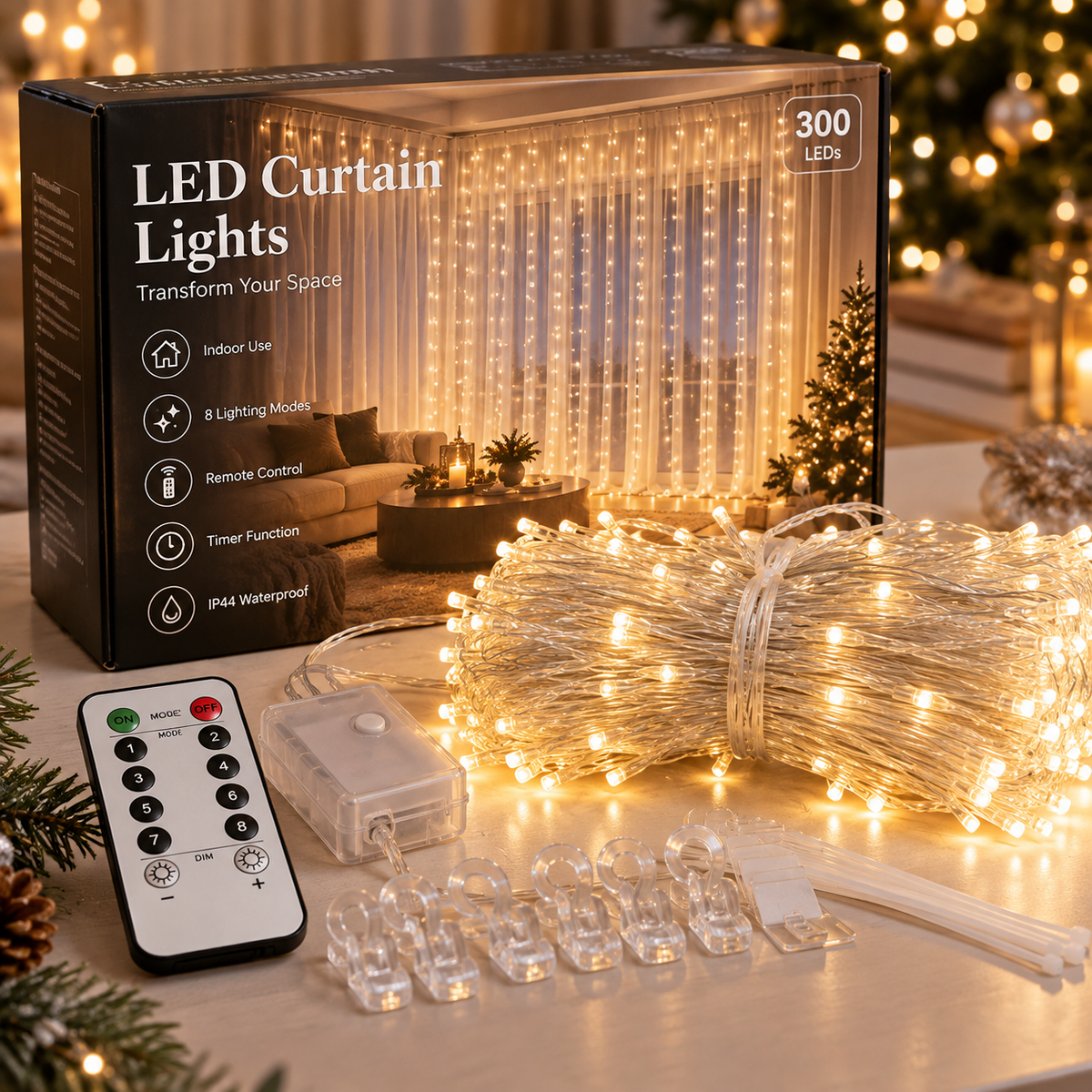 300 LED Curtain Fairy Lights     Dimensions: 9.8 ft (W) × 9.8 ft (H)