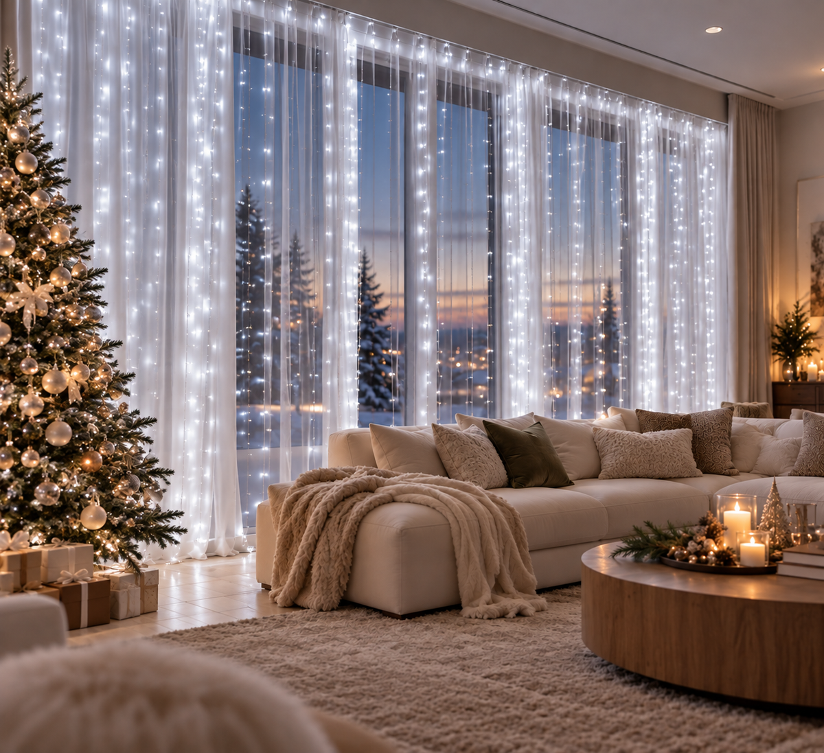 300 LED Curtain Fairy Lights     Dimensions: 9.8 ft (W) × 9.8 ft (H)