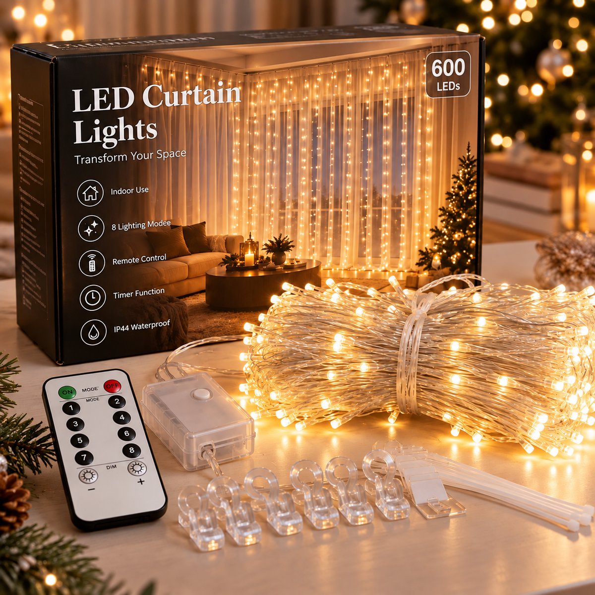 600 LED Curtain Fairy Lights     Dimensions: 19.7 ft (W) × 9.8 ft (H)
