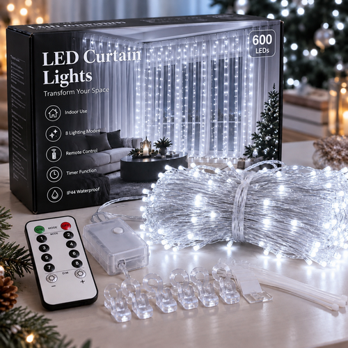 600 LED Curtain Fairy Lights     Dimensions: 19.7 ft (W) × 9.8 ft (H)
