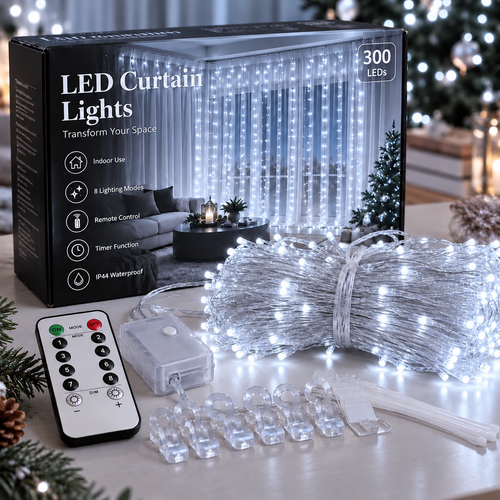 300 LED Curtain Fairy Lights     Dimensions: 9.8 ft (W) × 9.8 ft (H)